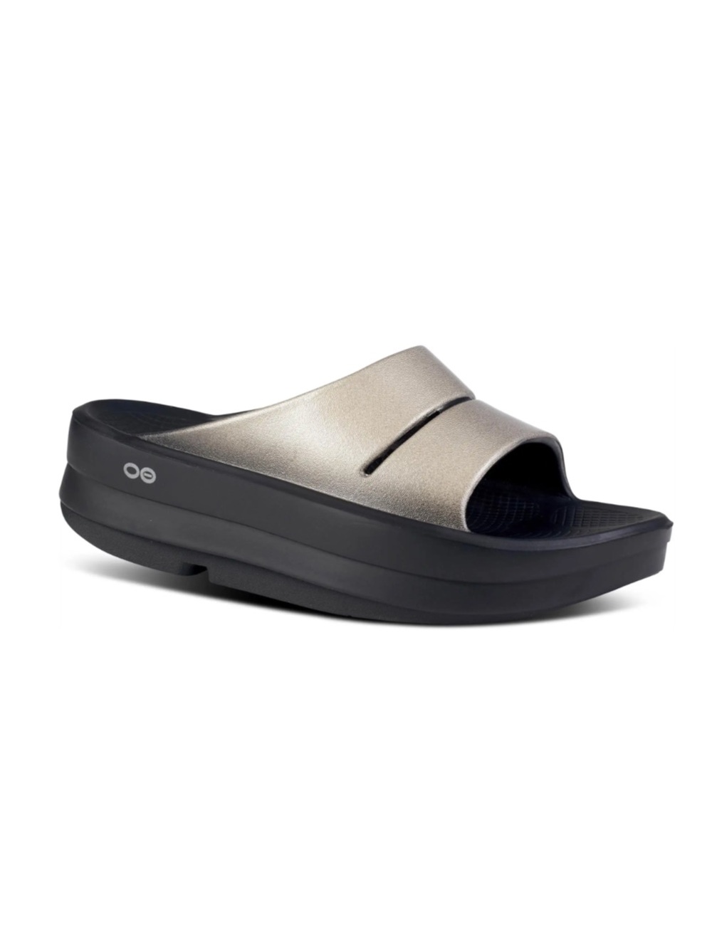 Oofos Oomega Ooahh Luxe Slide Sandals Platform Metallic Comfort In Latte Size 9